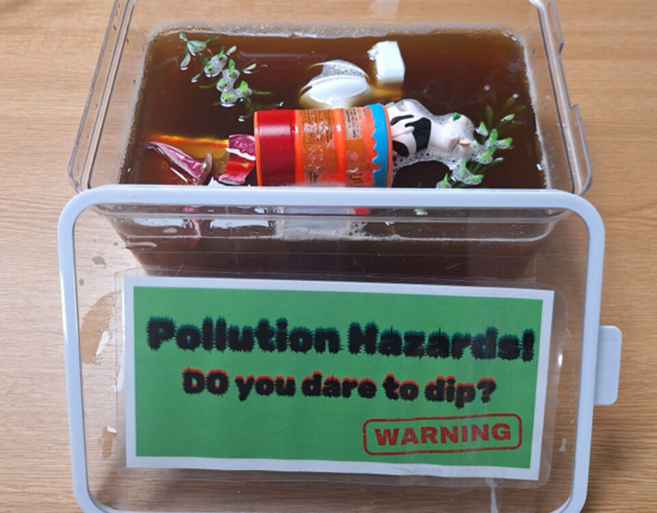 A clear plastic tub filled with murky brown water and toy items representing river pollutants, used as DCRT’s ‘pollution tank’ educational game.