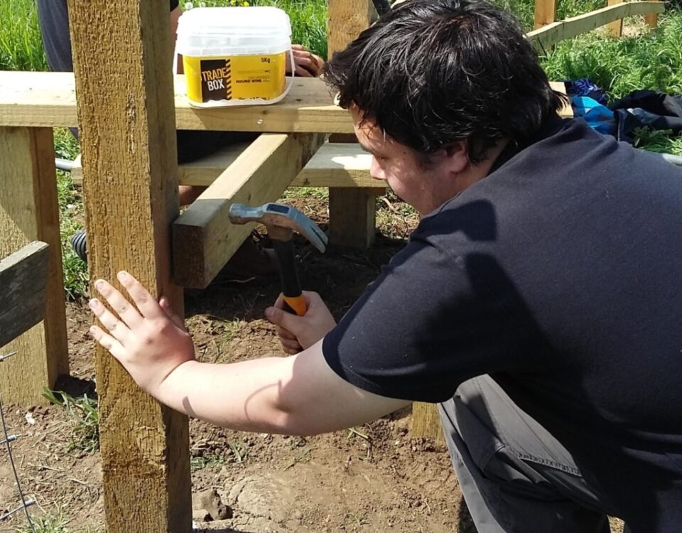 A volunteer using a hammer to install a wooden post during a practical conservation task.