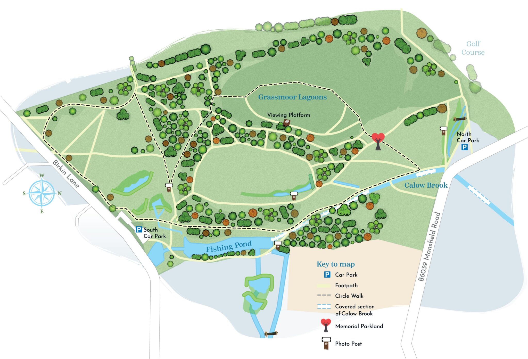 Map of Grassmoor Park highlighting fixed photo points and walking routes.