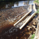 Steelbank Larinier fish pass with concrete baffles forming a stepped channel alongside a weir to help fish move upstream.