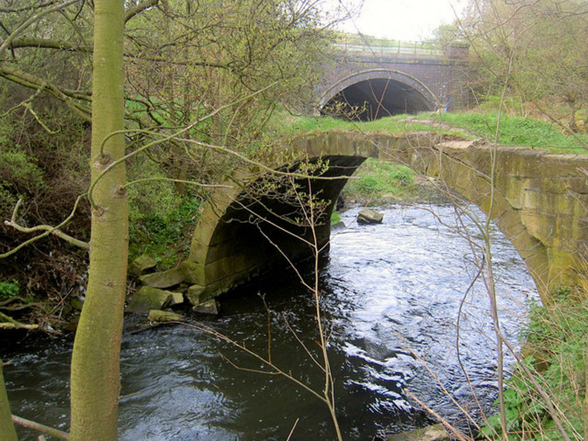 Pack horse bridge over river Dearne Storrs Mill Cudworth © Copyright Steve Fareham
